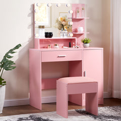 HAOYYE Pink Textured Particle Board with Melamine Coating Vanity Set with 1 Drawer, 1 Door, and 3 Shelf Layers, featuring Three-Tone Dimmable Globe Bulb Lamp