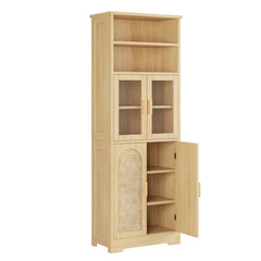 HAOYYE 4-Door 6-Tier Display Cabinet with Rattan Surface and Triamine Board Veneer Original Wood Color for Living Room Bedroom Office Storage Organizer Bookshelf N001