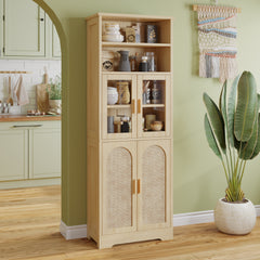 HAOYYE 4-Door 6-Tier Display Cabinet with Rattan Surface and Triamine Board Veneer Original Wood Color for Living Room Bedroom Office Storage Organizer Bookshelf N001