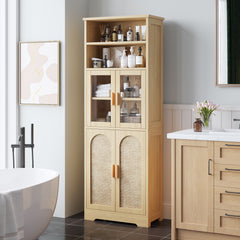 HAOYYE 4-Door 6-Tier Display Cabinet with Rattan Surface and Triamine Board Veneer Original Wood Color for Living Room Bedroom Office Storage Organizer Bookshelf N001