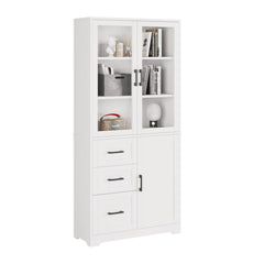 HAOYYE Display Cabinet with 3 Doors 3 Drawers and 5 Storage Layers, Tempered Glass Panels, Triamine Board Veneer Storage Organizer for Bathroom Living Room Kitchen Entryway