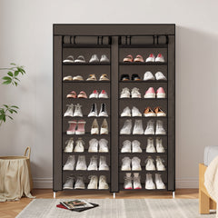 HAOYYE Double Row 10-Tier Non-Woven Fabric Shoe Cabinet with Sturdy Iron Frame and Durable Plastic Connectors, Space-Saving Brown Shoe Organizer for Entryway Closet Bedroom Hallway Storage