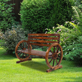 HAOYYE Rustic Wooden Wagon Wheel Bench with Slatted Seat and Backrest, Brown, Perfect for Gardens, Patios, and Outdoor Spaces