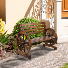HAOYYE Rustic Wooden Wagon Wheel Bench with Slatted Seat and Backrest, Brown, Perfect for Gardens, Patios, and Outdoor Spaces