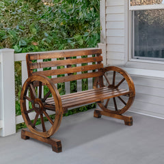 HAOYYE Rustic Wooden Wagon Wheel Bench with Slatted Seat and Backrest, Brown, Perfect for Gardens, Patios, and Outdoor Spaces