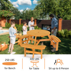 HAOYYE Outdoor Circular Wooden Picnic Table with 3 Built-In Benches, 6-Person Seating, Perfect for Porch, Backyard, Patio, Lawn, and Garden