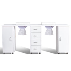 HAOYYE Double Manicure Table with Electric Dust Collector and Wrist Rest Movable Nail Desk Station for Nail Tech Nail Salon Spa Studio Beauty Workstation White Rolling Nail Table with Storage Drawers and Lockable Wheels