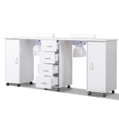 HAOYYE Double Manicure Table with Electric Dust Collector and Wrist Rest Movable Nail Desk Station for Nail Tech Nail Salon Spa Studio Beauty Workstation White Rolling Nail Table with Storage Drawers and Lockable Wheels