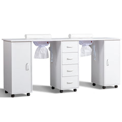 HAOYYE Double Manicure Table with Electric Dust Collector and Wrist Rest Movable Nail Desk Station for Nail Tech Nail Salon Spa Studio Beauty Workstation White Rolling Nail Table with Storage Drawers and Lockable Wheels