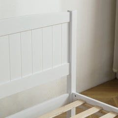HAOYYE FCH Queen Size Wooden Bed with Pine Vertical Stripe Curved Headboard, White Bed Frame with Matching Tail, Sturdy & Stylish Design for Bedroom, Easy Assembly