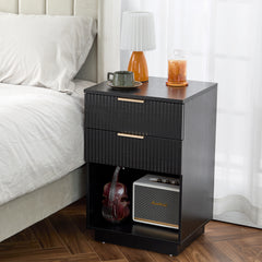 HAOYYE Black 2-Drawer Nightstand, P2 Density Board Bedside Cabinet with Wavy Pattern Drawer Fronts, Modern Storage End Table for Bedroom & Living Room, Space-Saving Nightstand with Sturdy Construction