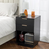 HAOYYE Black 2-Drawer Nightstand, P2 Density Board Bedside Cabinet with Wavy Pattern Drawer Fronts, Modern Storage End Table for Bedroom & Living Room, Space-Saving Nightstand with Sturdy Construction