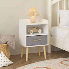Haoyye White Nightstand with Collapsible Fabric Drawer and Two Tier Storage End Table Wooden Bedside Table with Open Shelf and Storage Cabinet for Bedroom and Living Room
