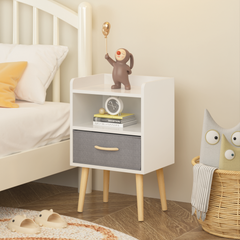 Haoyye White Nightstand with Collapsible Fabric Drawer and Two Tier Storage End Table Wooden Bedside Table with Open Shelf and Storage Cabinet for Bedroom and Living Room
