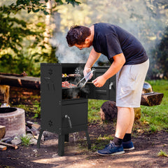 HAOYYE Outdoor Vertical Charcoal Smoker with Double Doors and Built-in Thermometer, 2 Detachable Smoking Racks, Charcoal and Water Pans, 4 Adjustable Air Vents, Heavy Duty Smoker for Backyard Barbecue Camping and Grilling