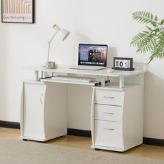 HAOYYE Embossed White Computer Desk, One-Door Three-Drawer Design, Durable Particle Board With Melamine Laminate
