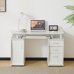 HAOYYE Embossed White Computer Desk, One-Door Three-Drawer Design, Durable Particle Board With Melamine Laminate