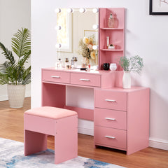 HAOYYE Pink Textured Particle Board with Melamine Laminate Five-Drawer Two-Shelf Sliding Door Mirror Cabinet Dressing Table Set with Three-Color Dimmable Bulb