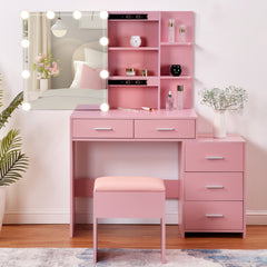HAOYYE Pink Textured Particle Board with Melamine Laminate Five-Drawer Two-Shelf Sliding Door Mirror Cabinet Dressing Table Set with Three-Color Dimmable Bulb