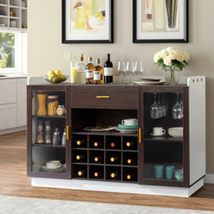HAOYYE Double Glass Door Sideboard with Single Drawer and 12-Bottle Wine Rack, Elegant Black Frame and White-Brown Interior, Modern Particle Board and Glass Buffet Cabinet for Dining Room Storage and Wine Display