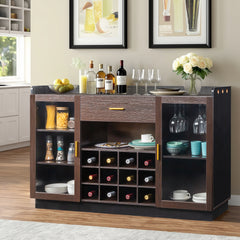 HAOYYE Double Glass Door Sideboard with Single Drawer and 12-Bottle Wine Rack, Elegant Black Frame with Gray-Brown Interior Panels, Durable Particle Board and Glass Construction, Stylish Storage Cabinet for Dining Room or Living Room