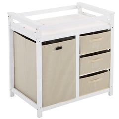 HAOYYE White Painted Pine Storage Cabinet with Wooden Frame Removable Top 3 Fabric Drawers and Side Fabric Bag Modern Multipurpose Organizer for Bedroom Entryway or Living Room