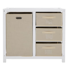 HAOYYE White Painted Pine Storage Cabinet with Wooden Frame Removable Top 3 Fabric Drawers and Side Fabric Bag Modern Multipurpose Organizer for Bedroom Entryway or Living Room