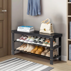 Haoyye 3-Tier Seamless Top Bamboo Shoe Rack, Eco-Friendly and Durable Storage Solution, Compact Design Perfect for Entryways, Closets, and Apartments, Elegant Black Finish for a Modern Look