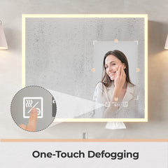 HAOYYE Particleboard LED Mirror Cabinet 32x28 Inches Acrylic Frame Double Doors 7 Shelves with Time & Temperature Display Three-Tone Lighting Adjustable Brightness Defogging USB Ports
