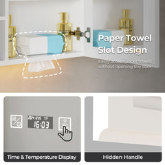 HAOYYE Particleboard LED Mirror Cabinet 32x28 Inches Acrylic Frame Double Doors 7 Shelves with Time & Temperature Display Three-Tone Lighting Adjustable Brightness Defogging USB Ports