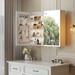 HAOYYE Particleboard LED Mirror Cabinet 32x28 Inches Acrylic Frame Double Doors 7 Shelves with Time & Temperature Display Three-Tone Lighting Adjustable Brightness Defogging USB Ports