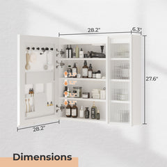HAOYYE Particleboard LED Mirror Cabinet with Glass Doors, 8-Layer Shelves, Time & Temperature Display, Three-Tone Lighting, Adjustable Brightness, USB and Power Plugs