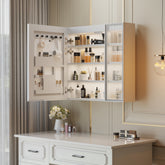 HAOYYE Particleboard LED Mirror Cabinet with Glass Doors, 8-Layer Shelves, Time & Temperature Display, Three-Tone Lighting, Adjustable Brightness, USB and Power Plugs