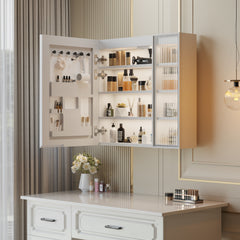 HAOYYE Particleboard LED Mirror Cabinet with Glass Doors, 8-Layer Shelves, Time & Temperature Display, Three-Tone Lighting, Adjustable Brightness, USB and Power Plugs