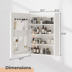 HAOYYE White LED Mirror Cabinet with Acrylic Frame, Built-In Time and Temperature Display, Three-Tone Dimming with Adjustable Brightness, Power-Off Memory, Four Shelves with Door for Bathroom Storage, Dual USB Ports and US Sockets, Ambient Bottom Light