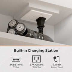 HAOYYE White LED Mirror Cabinet with Acrylic Frame, Built-In Time and Temperature Display, Three-Tone Dimming with Adjustable Brightness, Power-Off Memory, Four Shelves with Door for Bathroom Storage, Dual USB Ports and US Sockets, Ambient Bottom Light