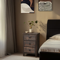 HAOYYE Brown MDF Bedside Table with Solid Wood Veneer Modern Nightstand with Three Drawers for Bedroom Living Room Dorm Compact Design Easy Assembly Sturdy Storage Furniture for Home