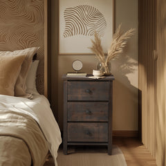 HAOYYE Brown MDF Bedside Table with Solid Wood Veneer Modern Nightstand with Three Drawers for Bedroom Living Room Dorm Compact Design Easy Assembly Sturdy Storage Furniture for Home