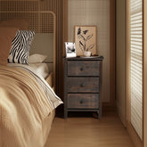 HAOYYE Brown MDF Bedside Table with Solid Wood Veneer Modern Nightstand with Three Drawers for Bedroom Living Room Dorm Compact Design Easy Assembly Sturdy Storage Furniture for Home