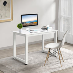 Haoyye White Desktop Computer Desk, P2 Particleboard with Steel Frame, Simple and Sturdy Workstation for Home Offices and Studies, Modern and Compact Design