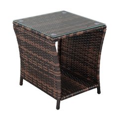 HAOYYE Rattan Side Table with Glass Top, Brown Gradient Wicker End Table with Iron Frame, Modern Square Accent Table for Patio Balcony Bedroom Living Room, Stylish & Easy Assembly, Indoor Outdoor Use
