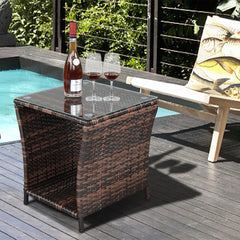 HAOYYE Rattan Side Table with Glass Top, Brown Gradient Wicker End Table with Iron Frame, Modern Square Accent Table for Patio Balcony Bedroom Living Room, Stylish & Easy Assembly, Indoor Outdoor Use