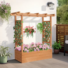 Haoyye Raised Garden Bed, Durable Teak Color Fir Wood Planter Box with Arched Lattice, Elegant and Easy-to-Assemble Planting Frame for Outdoor Gardens, Balconies, and Courtyards