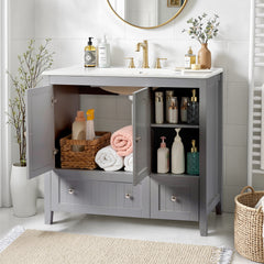 Haoyye Grey MDF Lacquered Bathroom Vanity Cabinet, Double Door and 2 Drawer Design, Decorative Molding, Modern and Durable Moisture-Resistant Storage Solution for Stylish Bathrooms