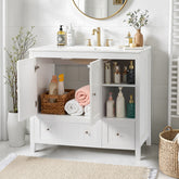 Haoyye White MDF Bathroom Vanity Cabinet, Double Door, Double Drawer Design with Decorative Strips, Elegant Moisture-Resistant Storage Solution for Modern Bathrooms, Easy to Maintain and Stylishly Compact