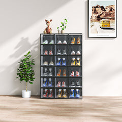 HAOYYE 18-Piece Medium Black Plastic Mesh Shoe Box Set with Modular Stackable Design, Durable and Breathable Storage Solution for Home Organization, Closet, Dorm, and Space-Saving Shoe Storage