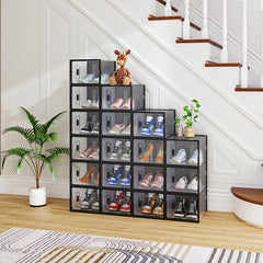 HAOYYE 18-Piece Medium Black Plastic Mesh Shoe Box Set with Modular Stackable Design, Durable and Breathable Storage Solution for Home Organization, Closet, Dorm, and Space-Saving Shoe Storage