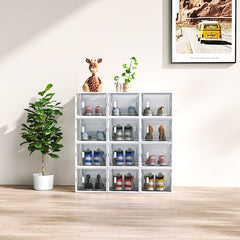 HAOYYE 12-Piece Medium White Plastic Mesh Shoe Box Set, Breathable Modular Stackable Organizer for Closet Entryway Under Bed Storage, Durable Home Storage Solution