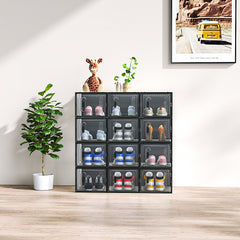 HAOYYE 12-Piece Medium Black Plastic Mesh Shoe Box Set Modular Stackable Breathable Storage Organizer for Home Closet Entryway Under Bed