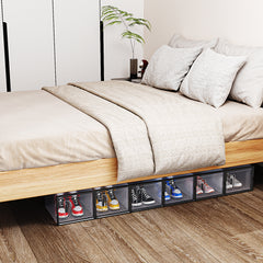 HAOYYE 6-Piece Medium Black Plastic Mesh Shoe Box Set, Modular Stackable Storage Organizer for Shoes and Accessories, Breathable Durable Design Ideal for Home Closet, Entryway, or Dorm Room Organization